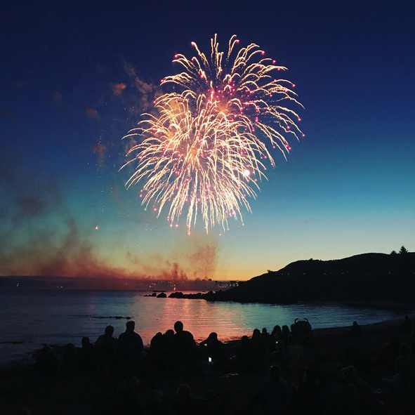 Firework display over water with people watching