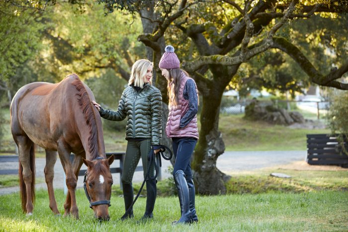 Horse in a field with its two owners