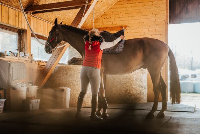 a woman wearing a red gilet places a saddle pad on her horse's back