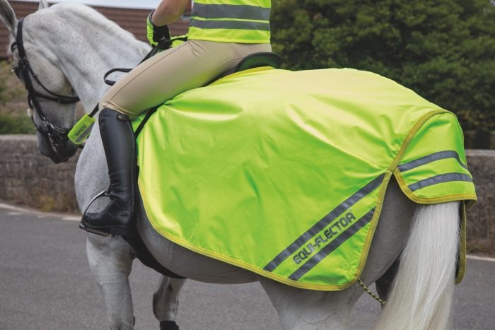White horse in a Shires equiflector waterproof exercise sheet