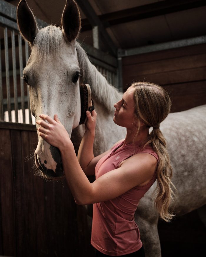 Woman brushing a white horse
