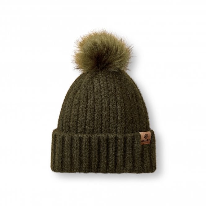 Ariat  Chilton Womens Faux Fur Pom Pom Beanie - Olive