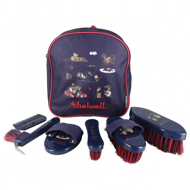 HY Equestrian  Thelwell Collection Practice Makes Perfect Complete Grooming Kit Rucksack - Navy/Red