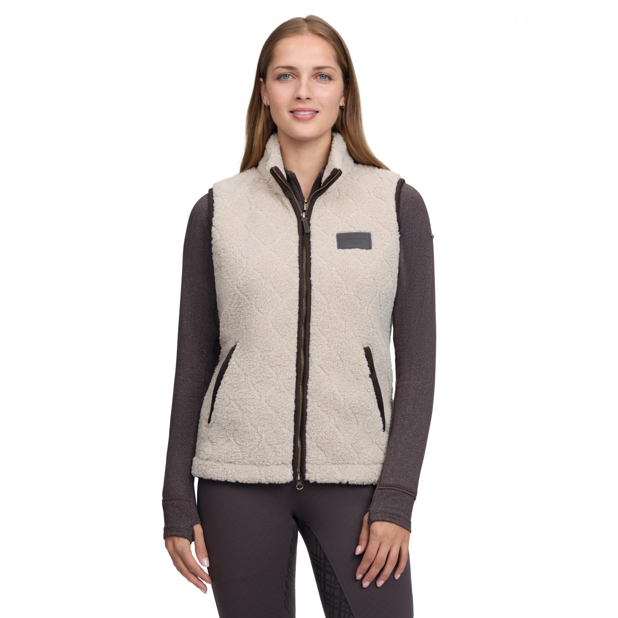 LeMieux Heritage Borg Womens Gilet - Stone | Two-Way Zip | Contrast Binding