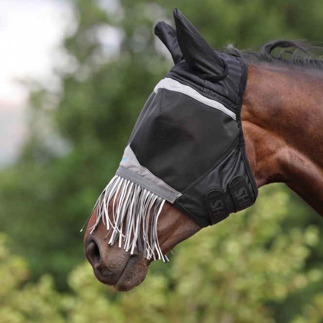 Shires  Fine Mesh Fly Mask with Nose Fringe - Jet Black