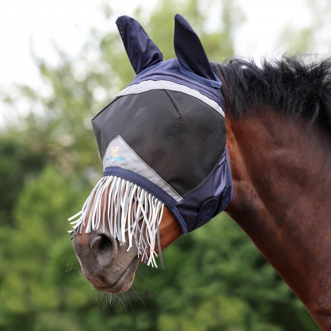 Shires  Fine Mesh Fly Mask with Nose Fringe - Navy Blue
