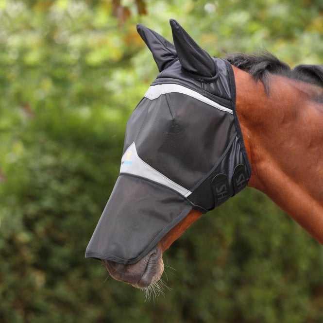 Shires  FlyGuard Pro Fine Mesh Fly Mask with Ears & Square Nose - Jet Black