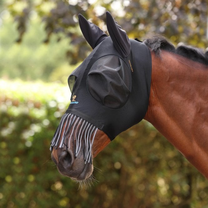Shires  FlyGuard Pro Stretch Fly Mask with Nose Fringe - Jet Black