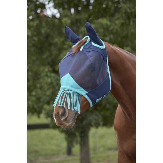Weatherbeeta  Comfitec DELUXE Fine Mesh Mask With Ears & Tassels - Navy/Turquoise