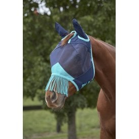 Weatherbeeta Comfitec DELUXE Fine Mesh Mask With Ears & Tassels - Navy/Turquoise